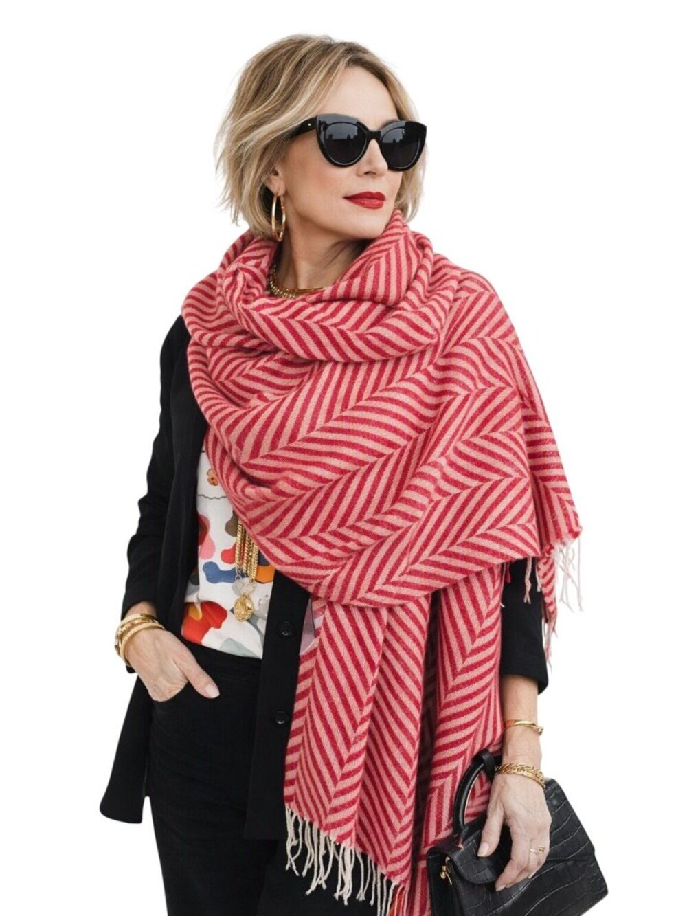 Luxury Red White Chevron Cashmere Scarf with Fringe Edges Soft Warm Wrap Women